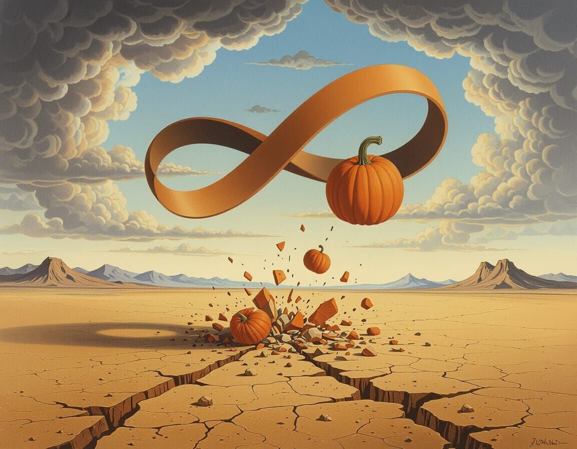 Surreal Landscape with Floating Möbius Strip and Smashing Pu...