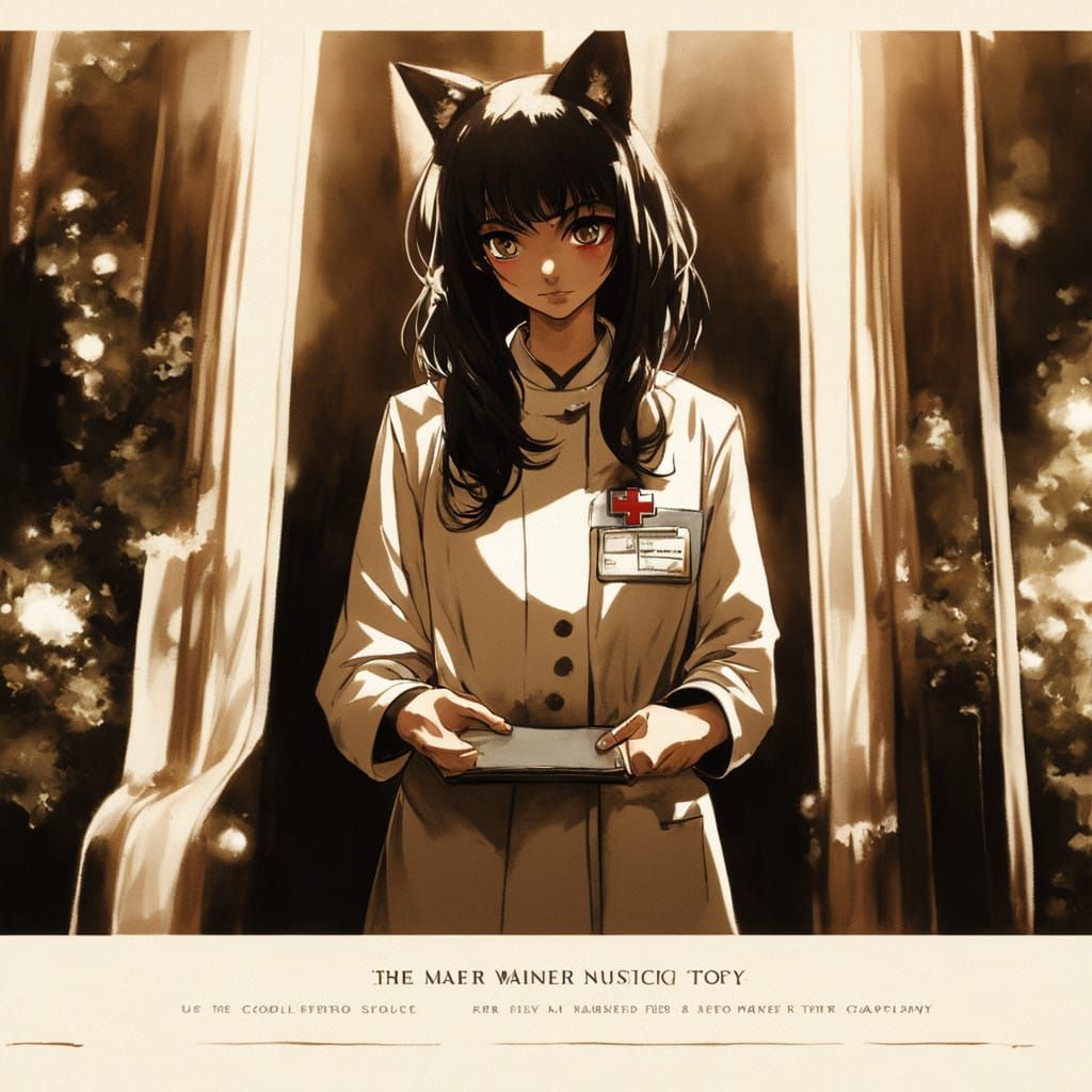 Cat Girl Nurse in Red and White Scrubs with Black Cat Ears,....