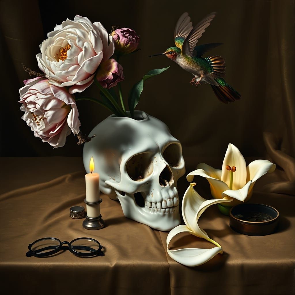 Dutch Golden Age Still Life with Mechanical Hummingbird