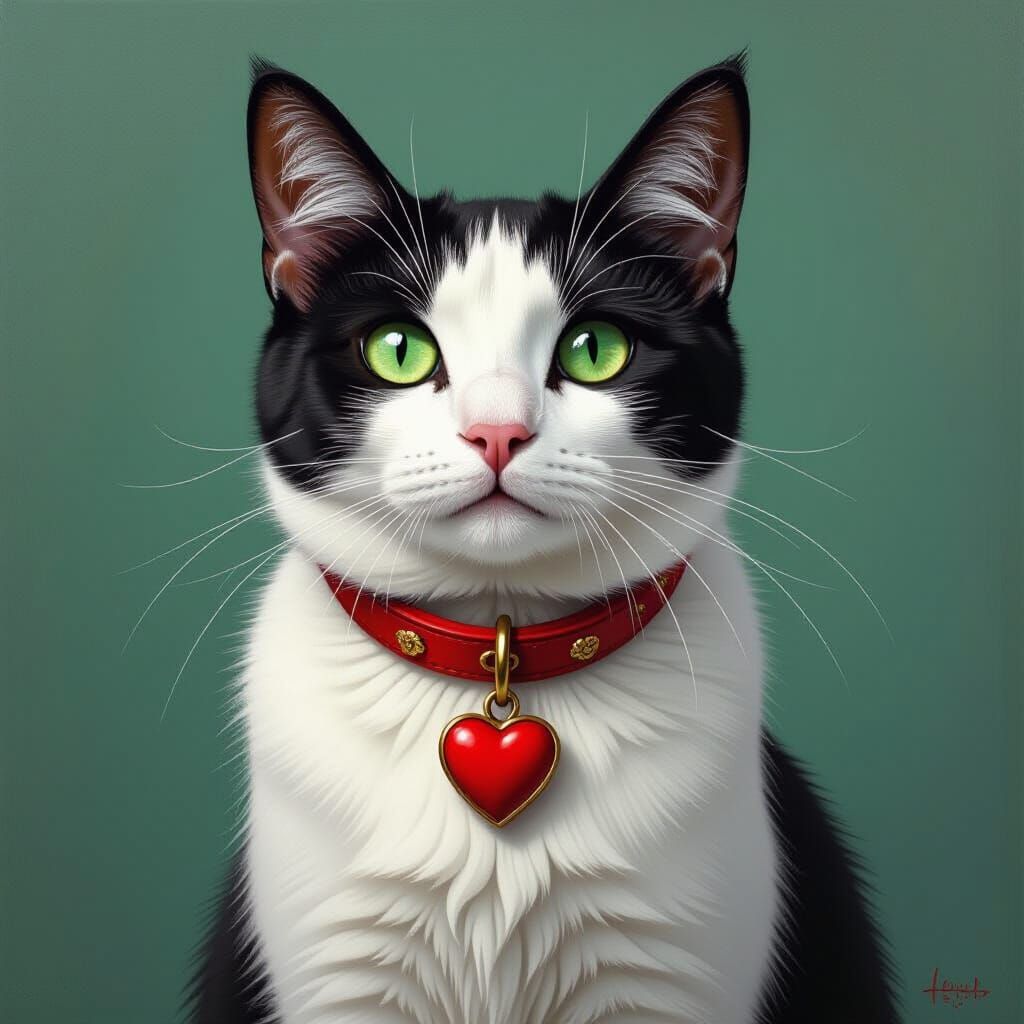 Black and White Cat with Green Eyes as Oil Painting