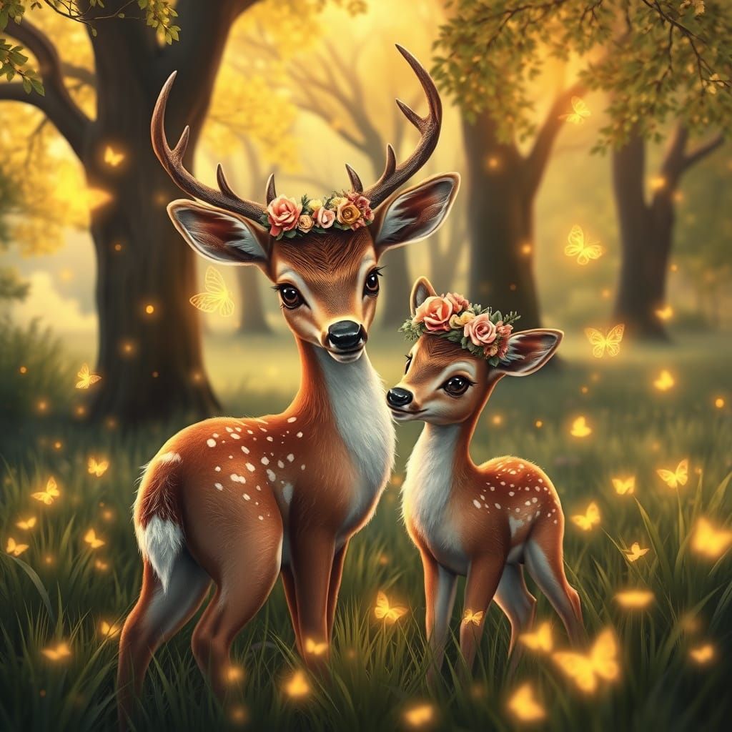 Enchanting Deer with Fawn in Sunlit Forest