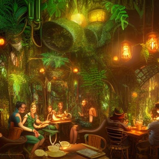 Steampunk Jungle Restaurant with Patrons