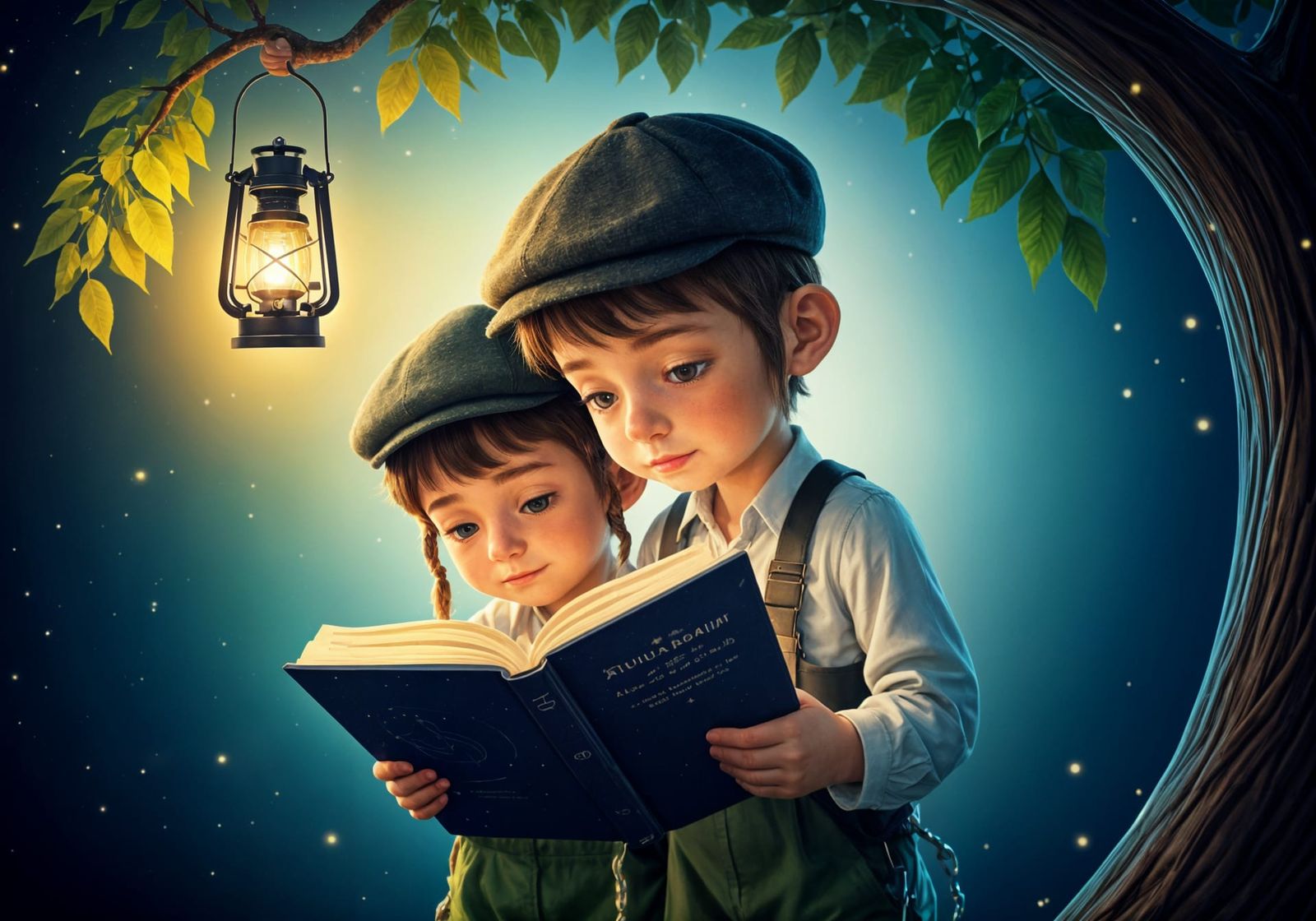 Jewish Boy Reads Under Starry Night with Lantern