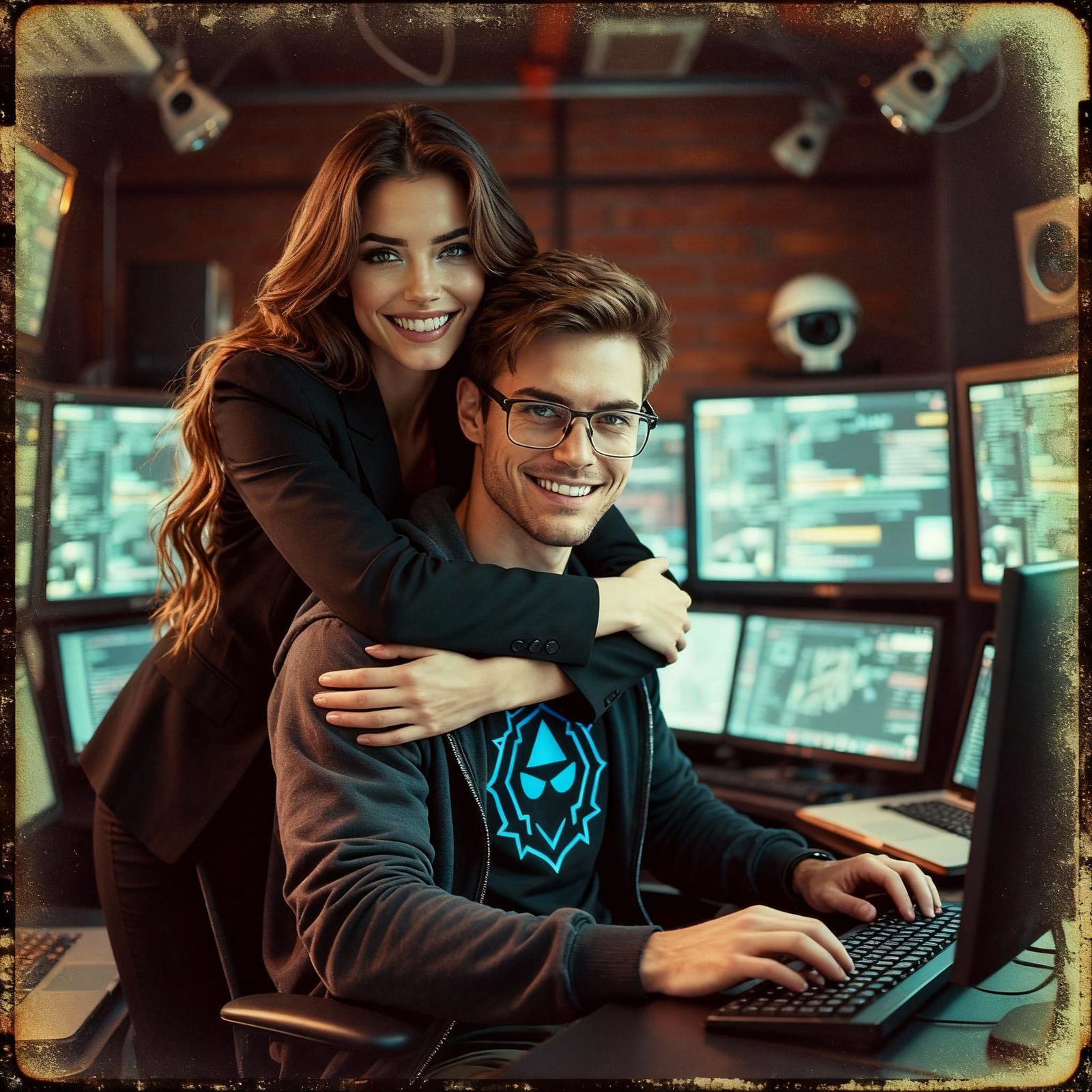 Couple Sharing a Loving Moment Behind Computer