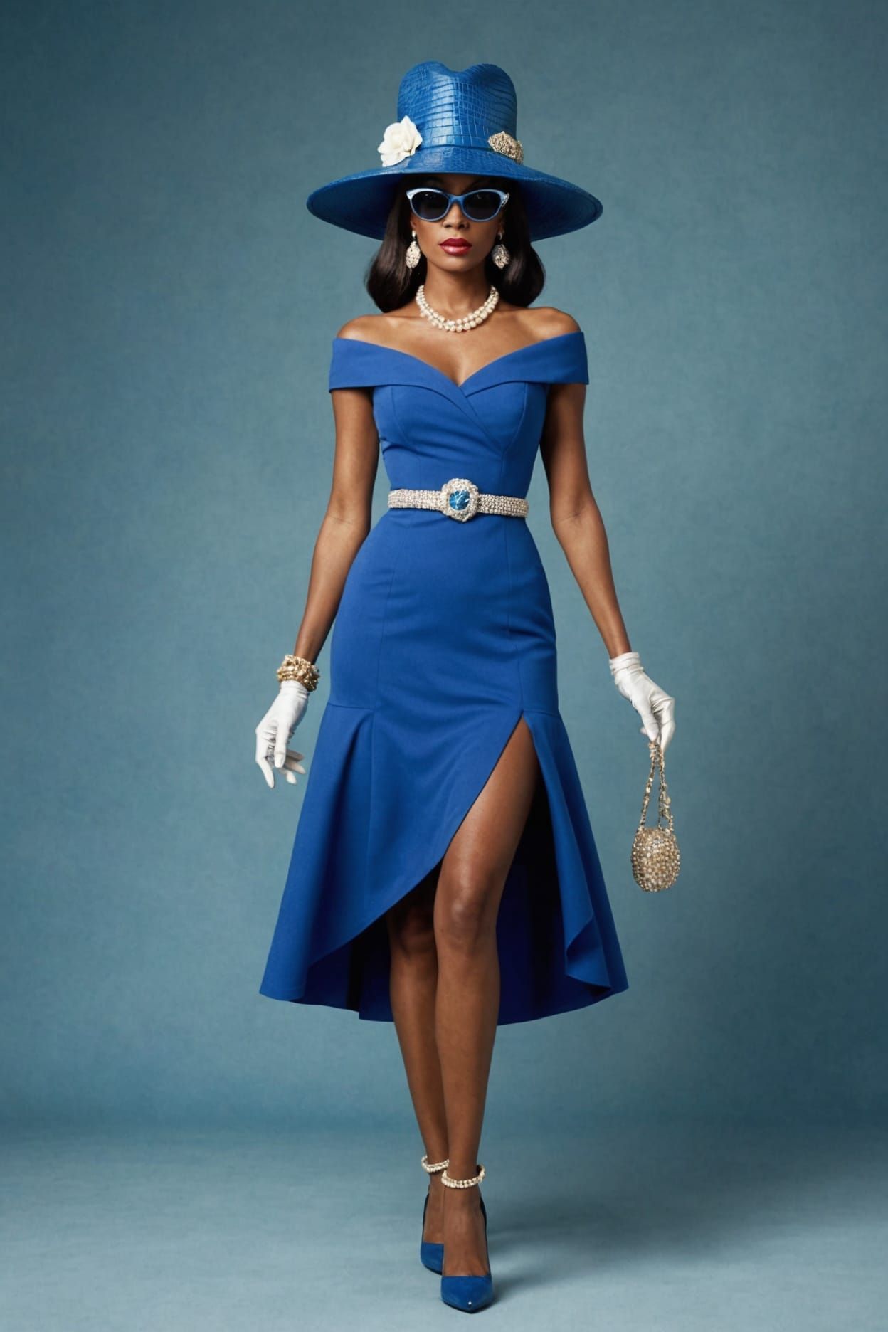 Flamboyant Devil Woman in a Blue Dress