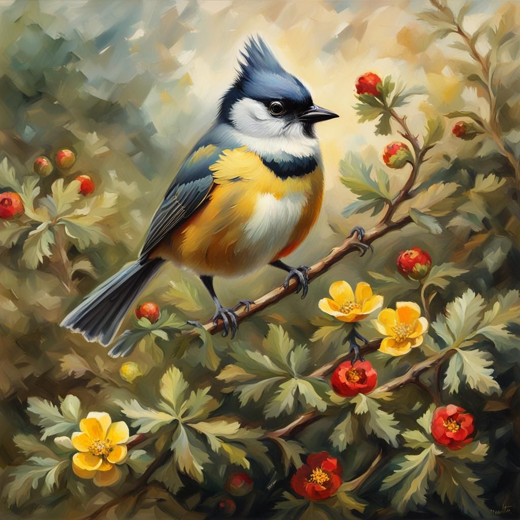 Titmouse Nestled in Vibrant Potentilla Bush