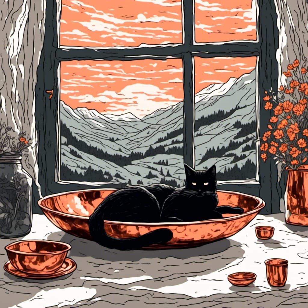 Black cat sleeping in a large <lora:Tembaga:1.0> copper bowl...