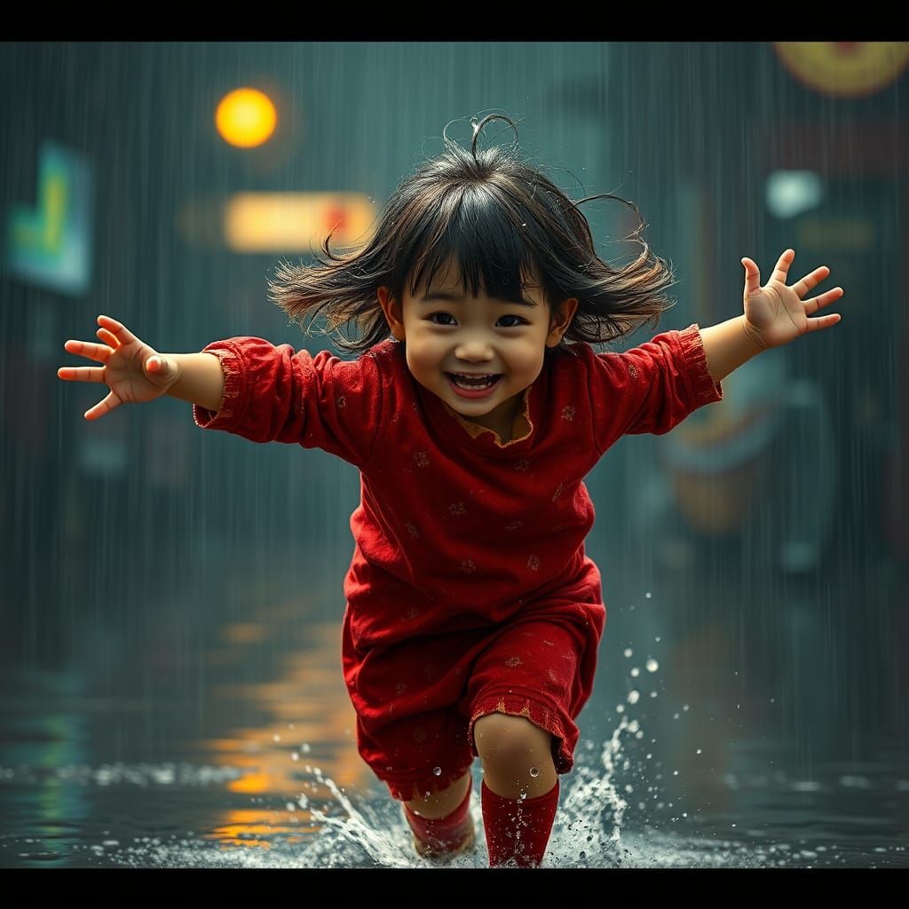 Child in Red Golashes Runs Amidst Rainy Fantasy Landscape