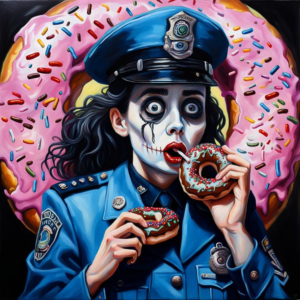 Ethereal Cadaverous Officer Savoring a Decadent Donut, in a....