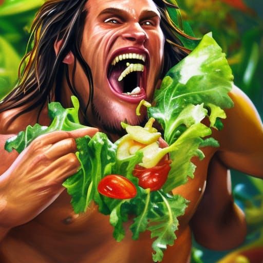Tarzan in Ecstatic Moment Enjoying a Hyperrealistic Salad