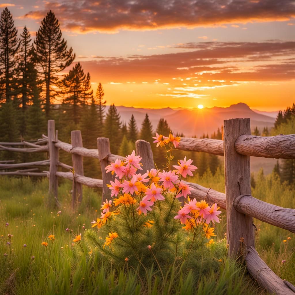 Vibrant Sunrise Garden Scene Amidst Pine and Maple Trees