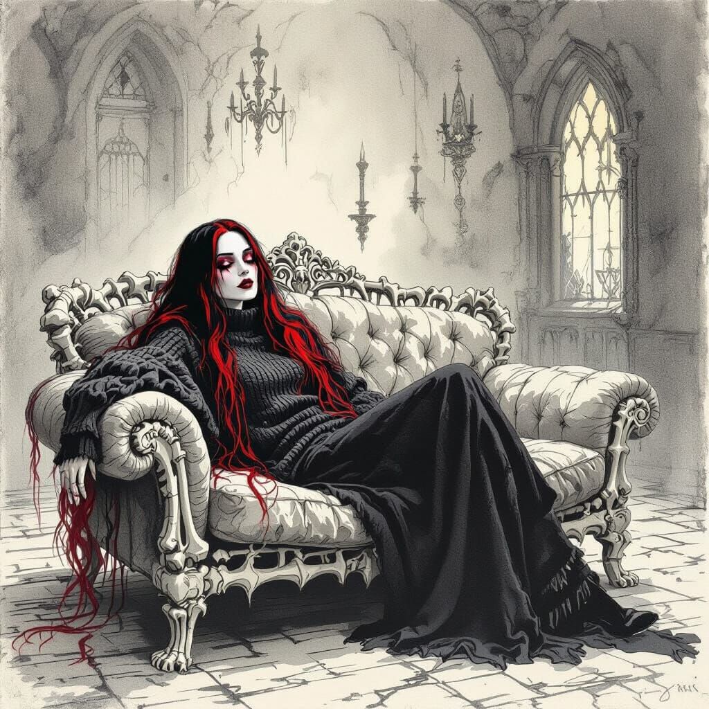 Gothic Woman Relaxing on Bone Couch in Surreal Horror