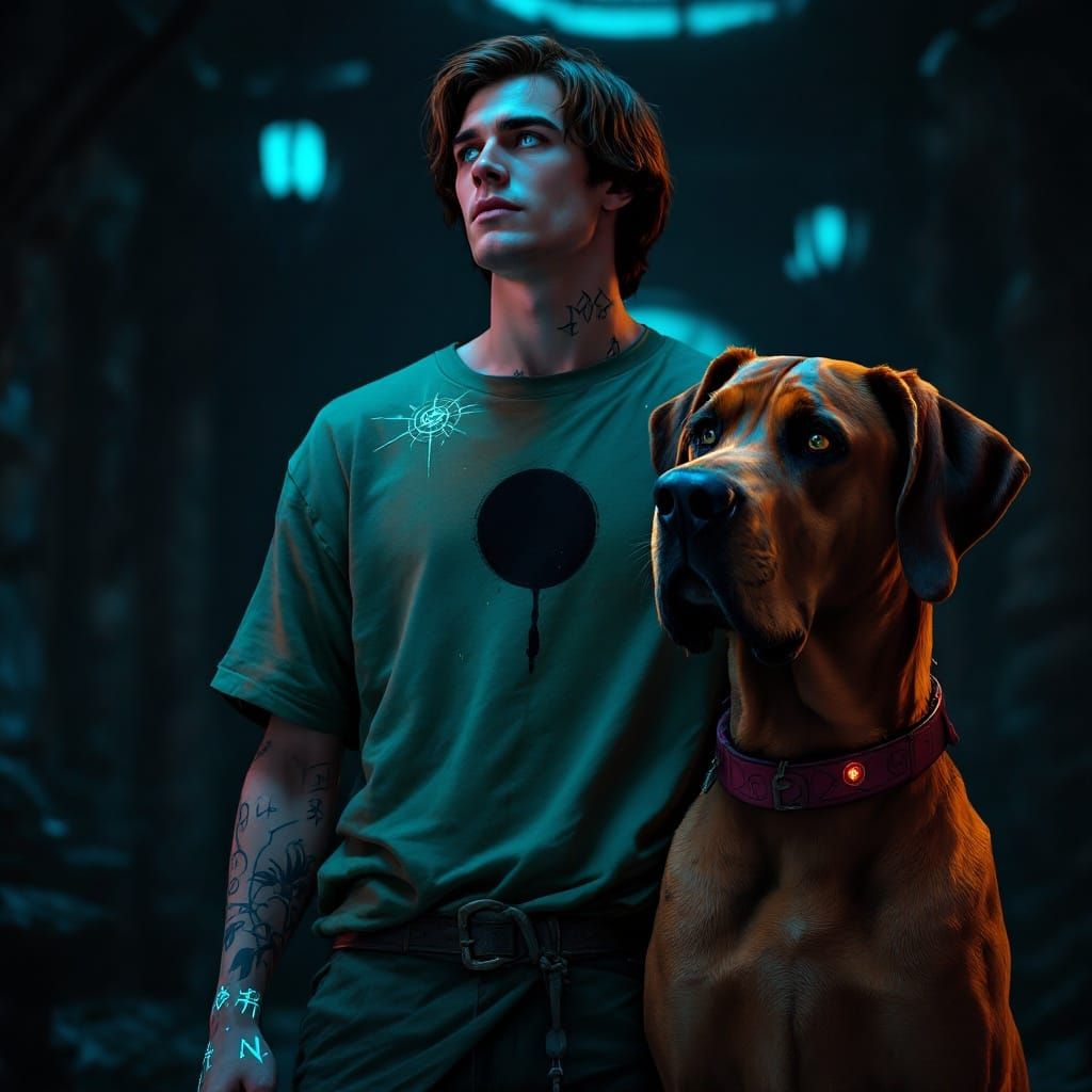 Surreal Shaggy Portrait with Dog in Haunted Mansion