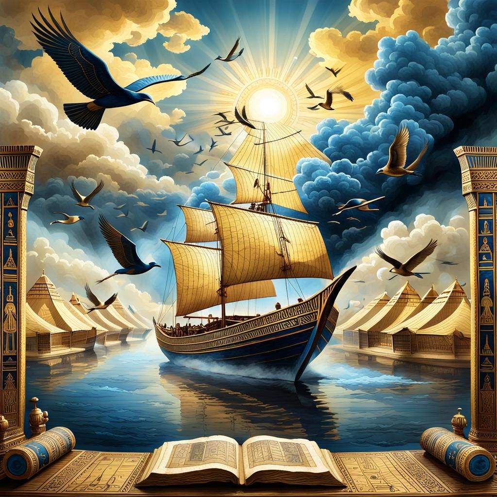 Ancient Egyptian Boat Scene in Golden Illumination