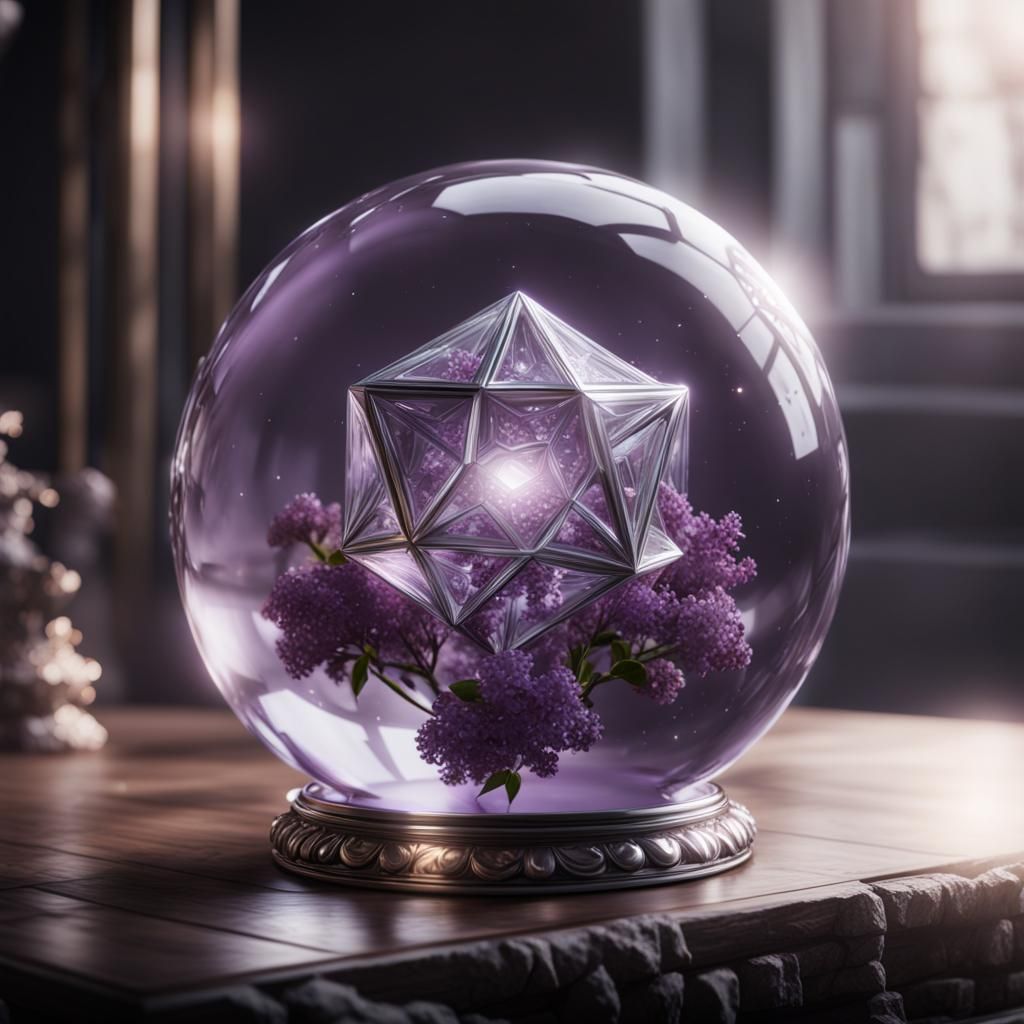 Glass Orb with Intricately Detailed Metallic Polyhedron