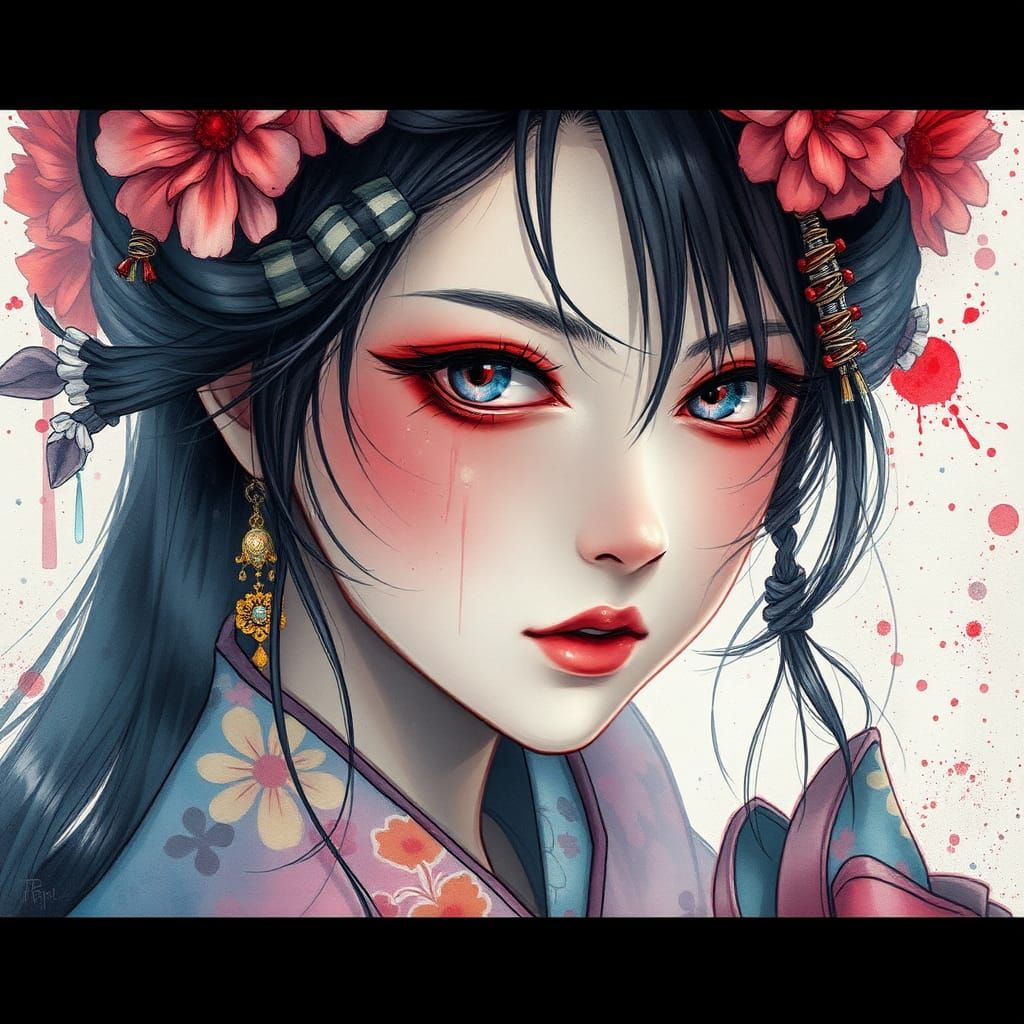 Japanese Fantasy Watercolor Portrait