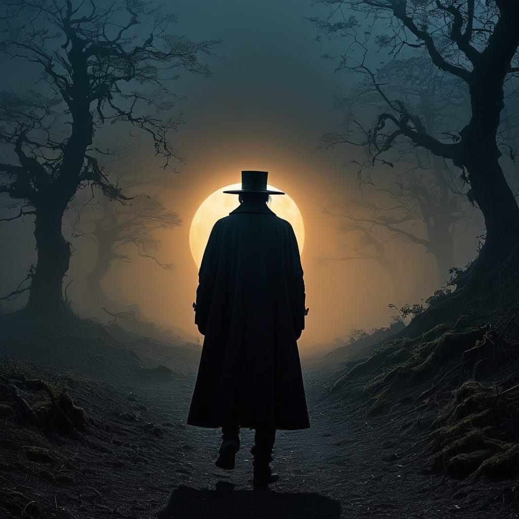 Gothic Plague Doctor Lurks in Foggy Moorland