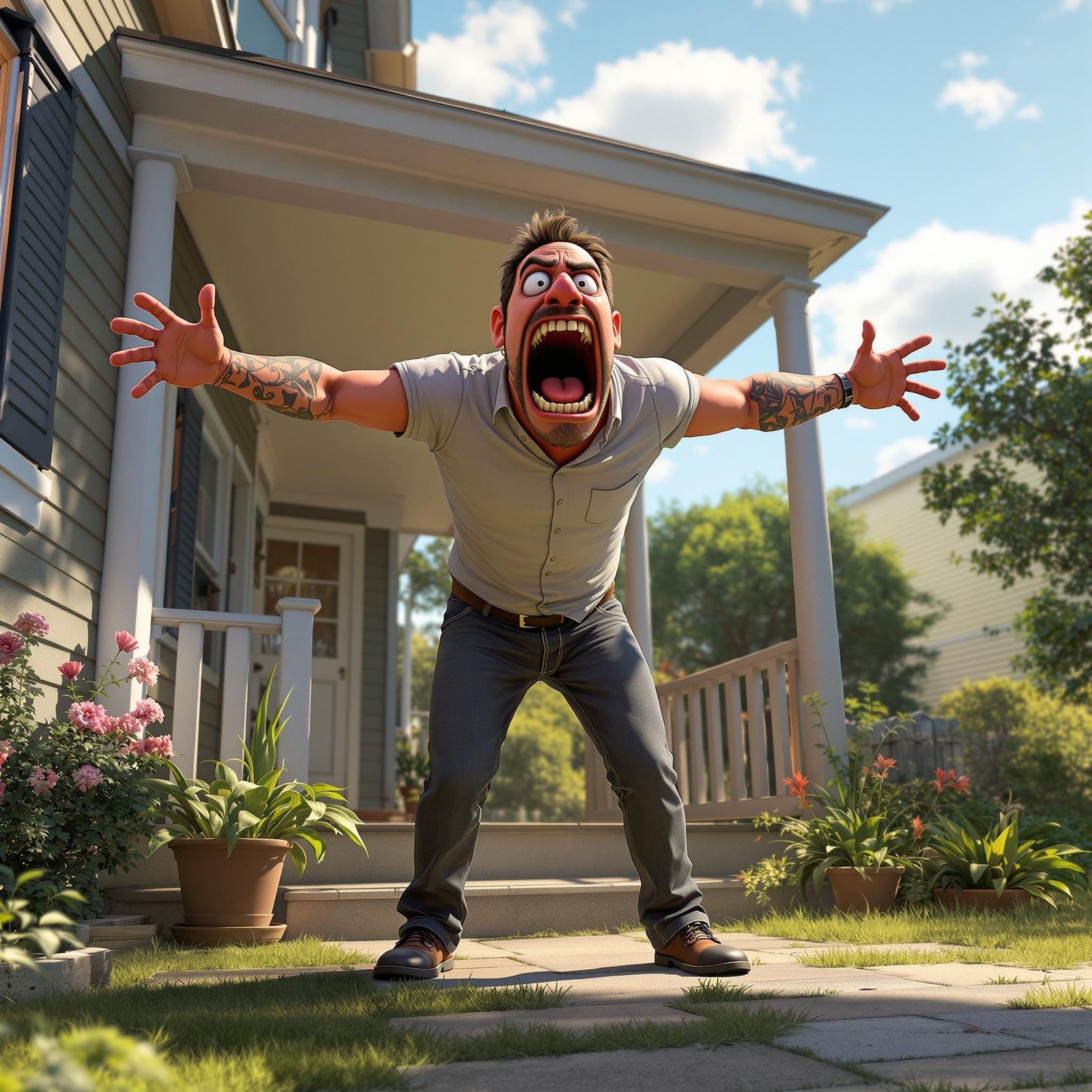 Screaming Man in Agony, Standing on Porch in Cyberpunk Digit...