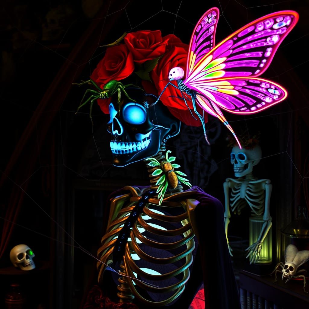 Surreal Dia De Muertos Catrina in Autumnal Halloween Scene w...