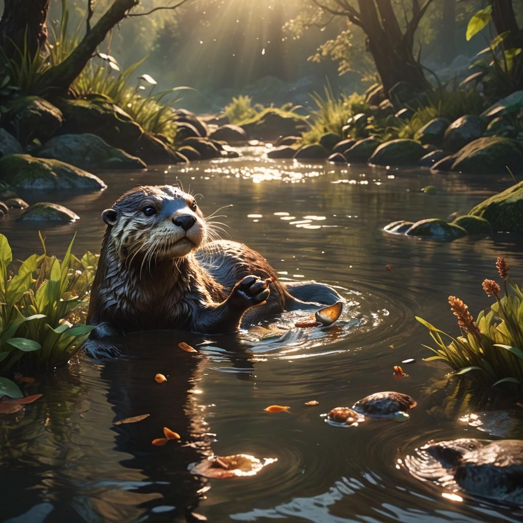 Shimmering Otter Revels in Fantasy River Realm