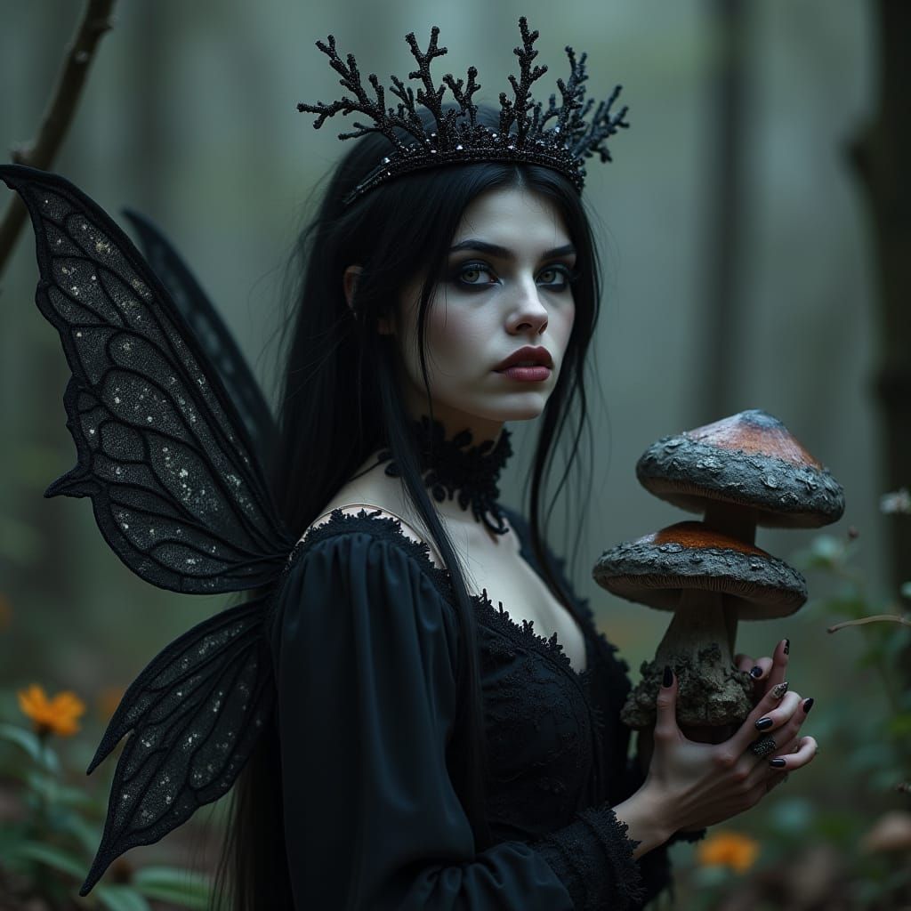 Gothic Dark Fairy in Dark Woods with Crystals