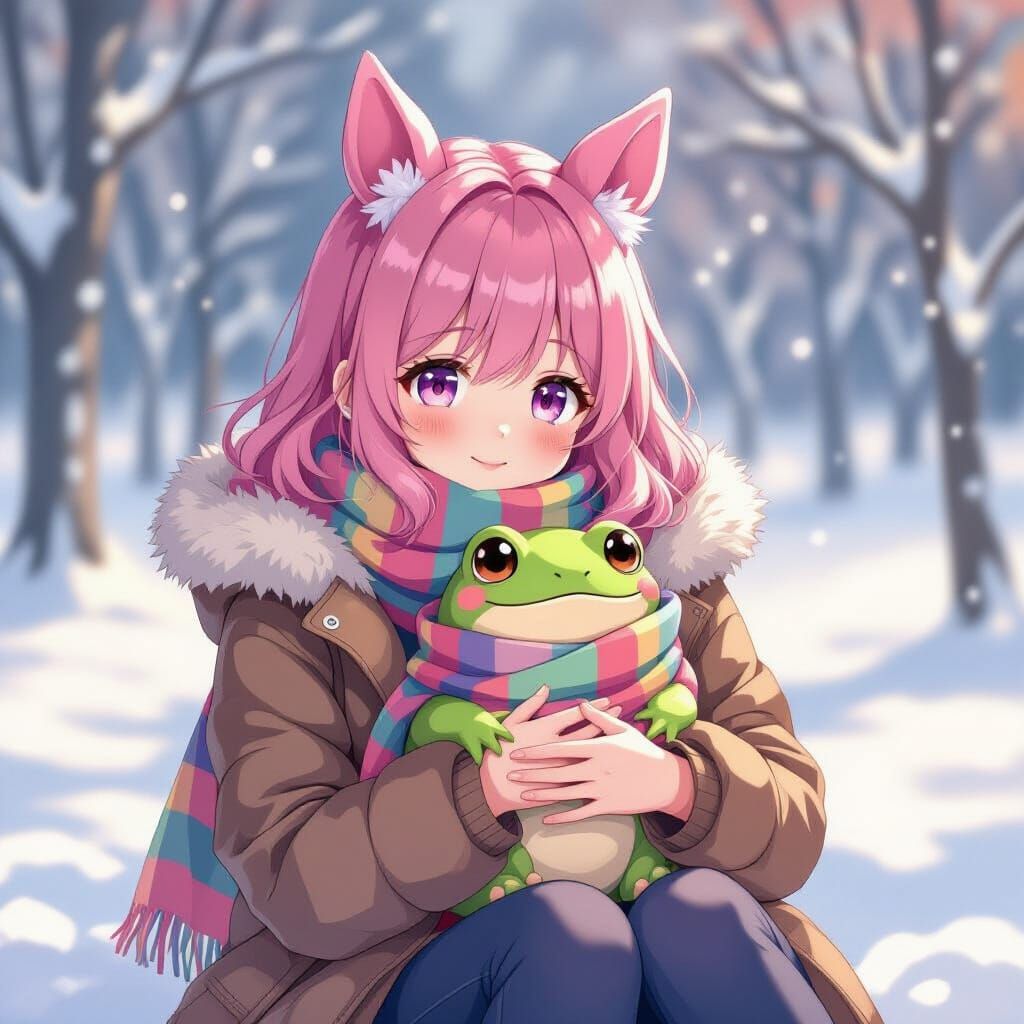 Pink-Haired Girl With Horse Ears Holds Frog in Snow
