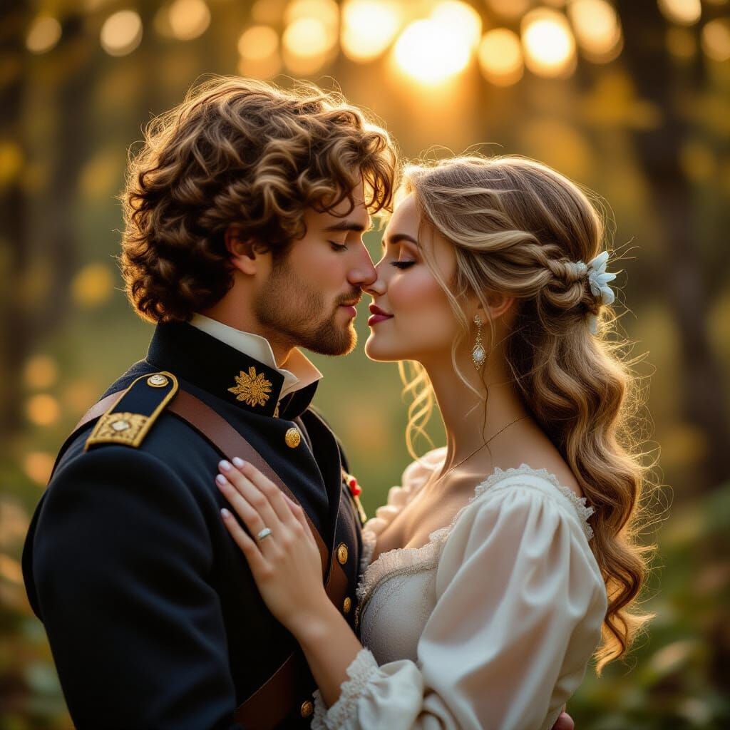Romantic Civil War Couple Kissing in Sun-Dappled Forest