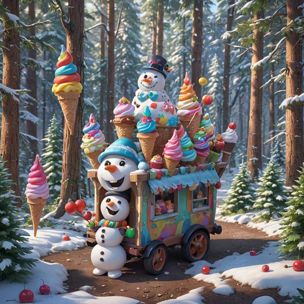 Vibrant Chibi Snowman Serves Colorful Treats in Whimsical Fo...