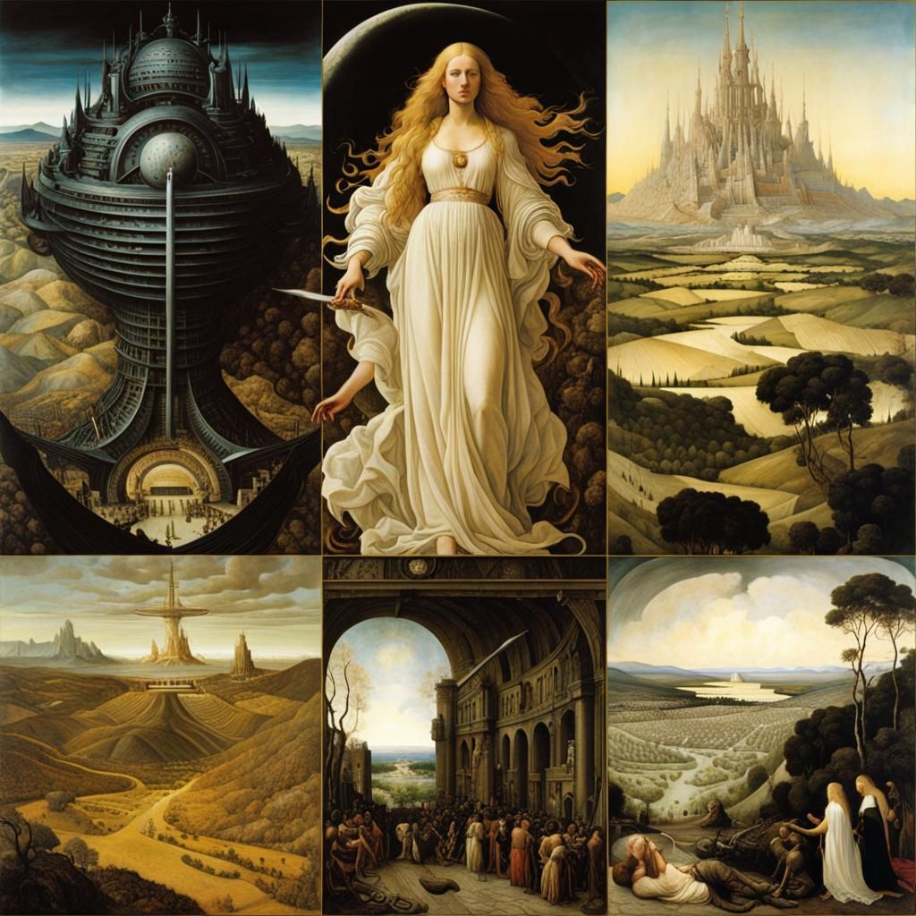 Ethereal Goddess Overlooks Modern War Landscape