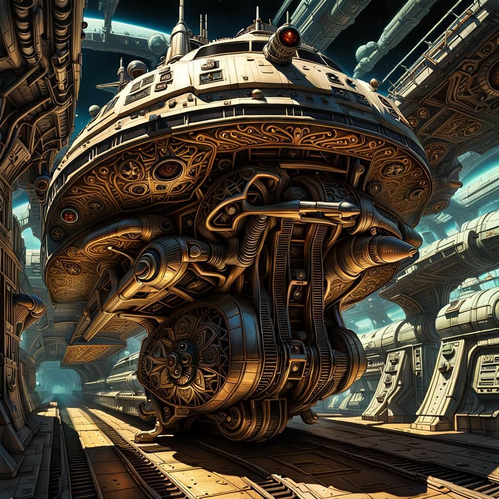 Totally nonhuman Space ship s exterior light cruiser class hyperdetailed intricately detailed bokeh art deco volumetric ...