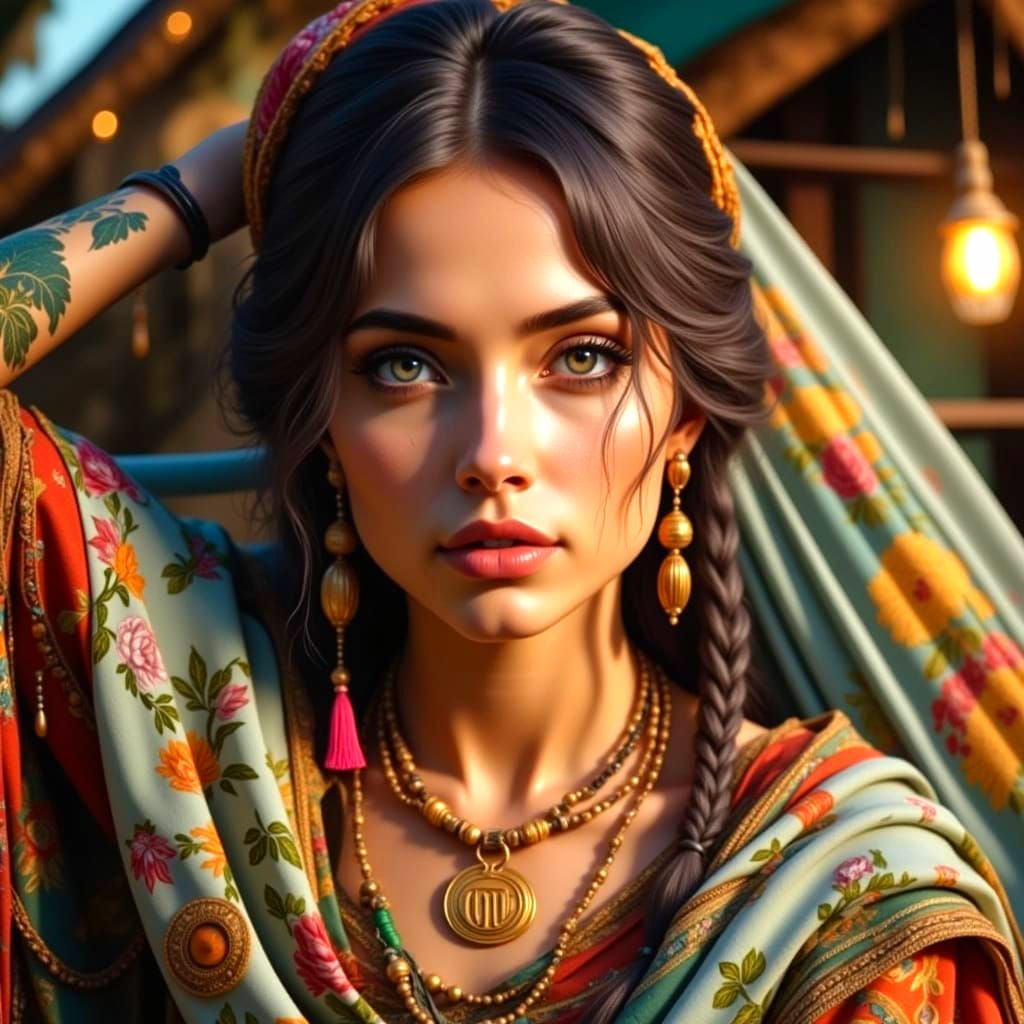 Mystical Gypsy Woman in Dreamy Landscape