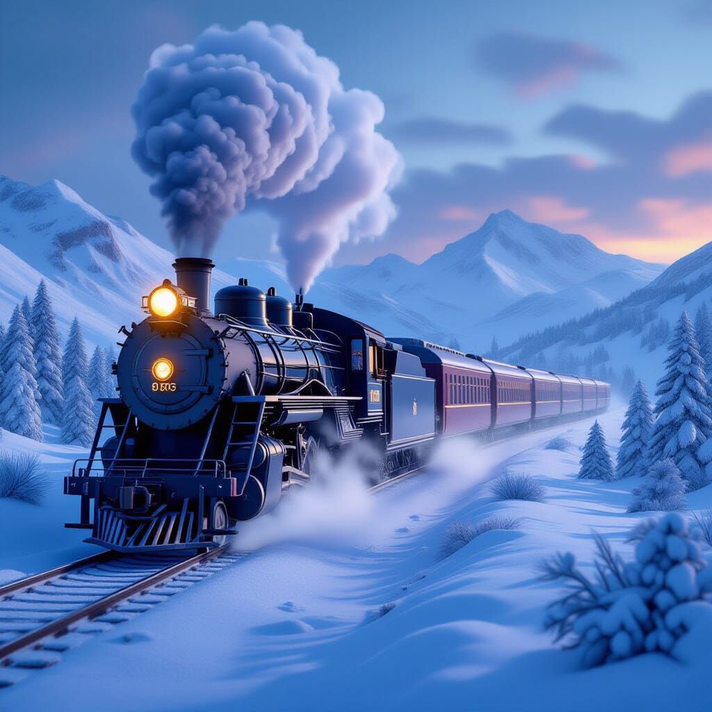 Snowy Train Journey Through Frosty Mist