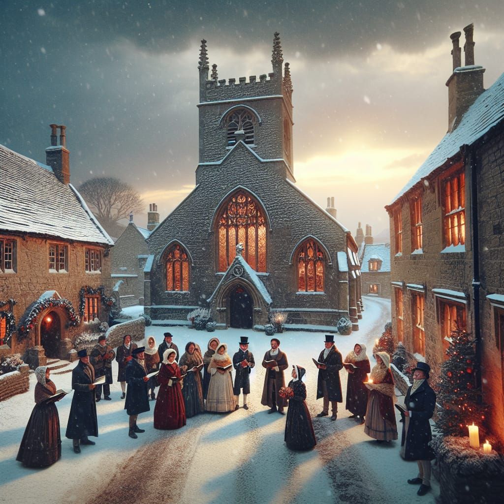 Victorian Christmas Scene Outside a Cozy English Church