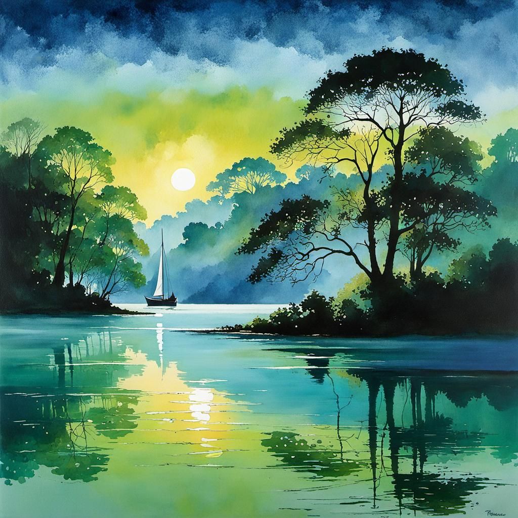 Ethereal Sunset over a Serene Lake in Intricate Watercolor S...