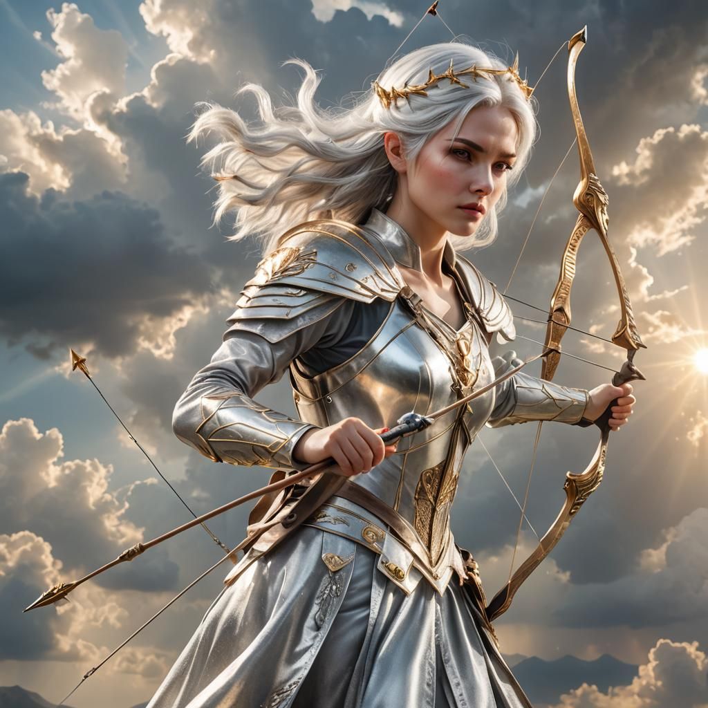 Girl in Shining Silver Dress Aims with Holy Bow in Soft Focu...