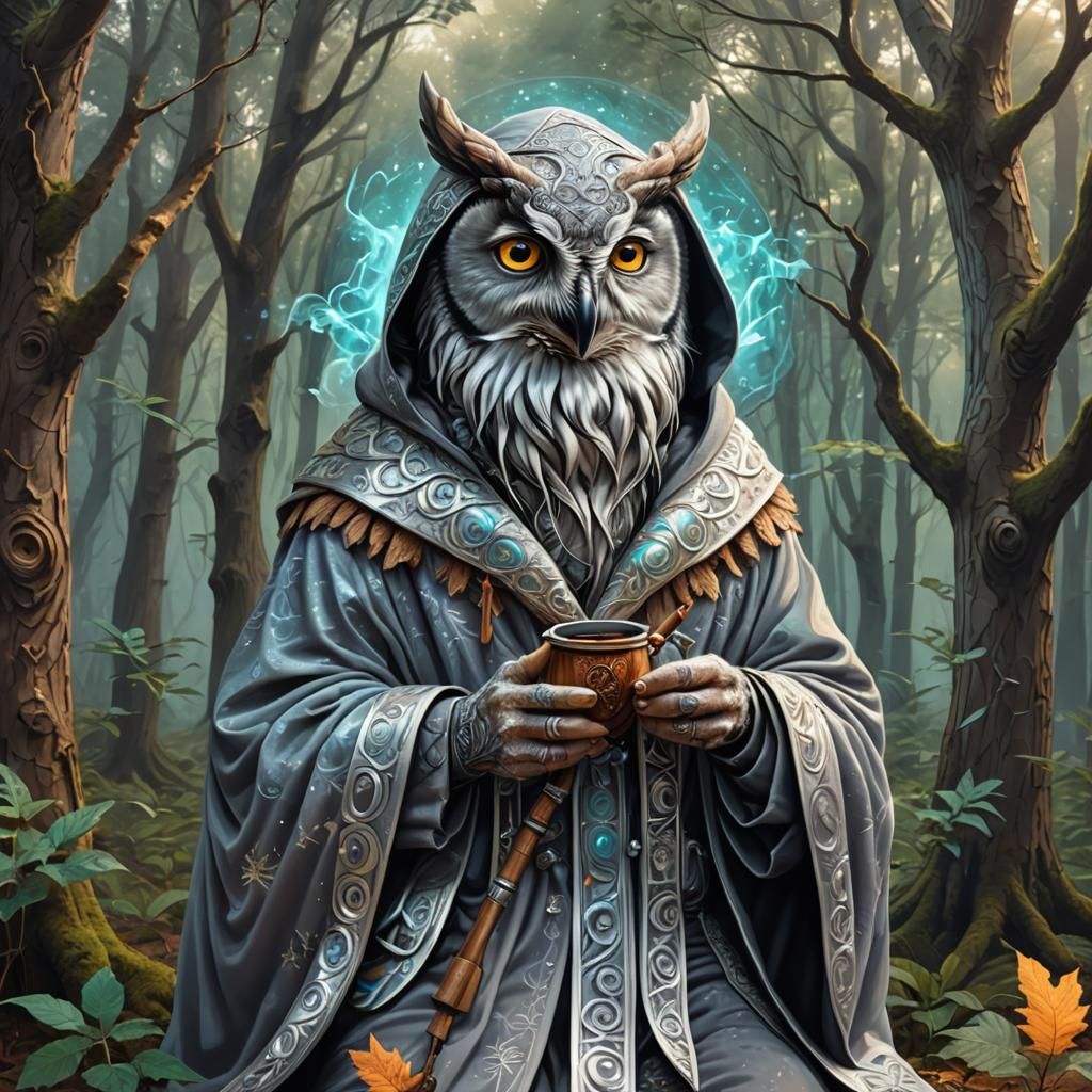 Ancient Owl Druid Sits in Whimsical Woods