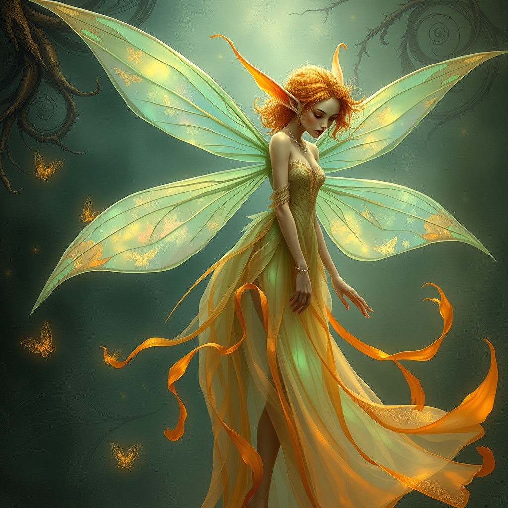 Ethereal Fairy Elf in Iridescent Gown with Delicate Wings