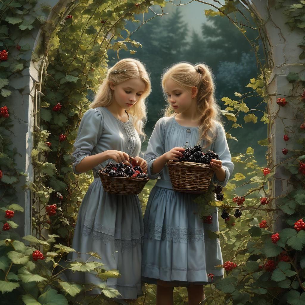 Mother and Daughter Pick Blackberries in a Sunny Garden