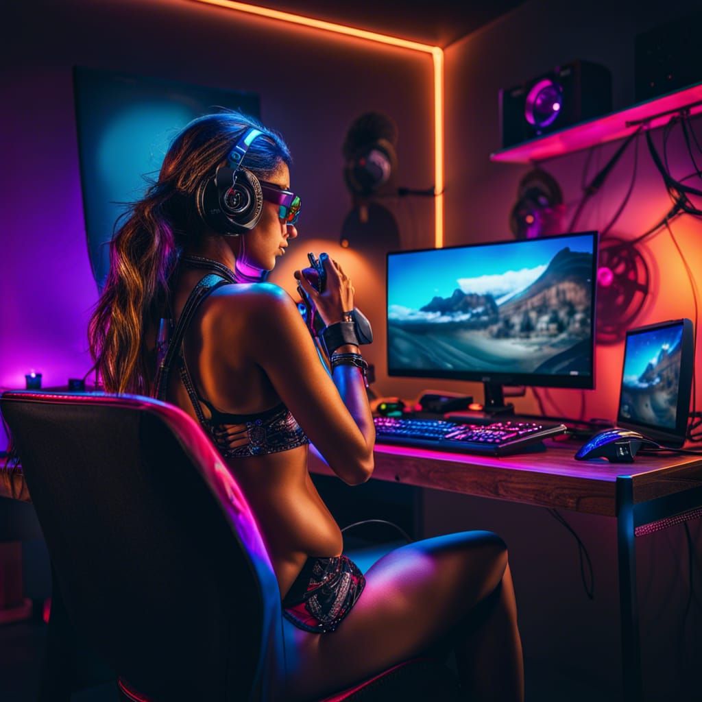Hyperrealistic Gaming Scene in Neon Lighting