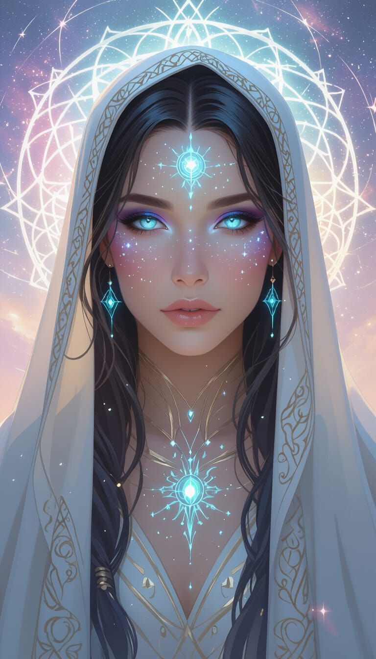 Celestial Priestess with Sapphire Eyes and Constellations