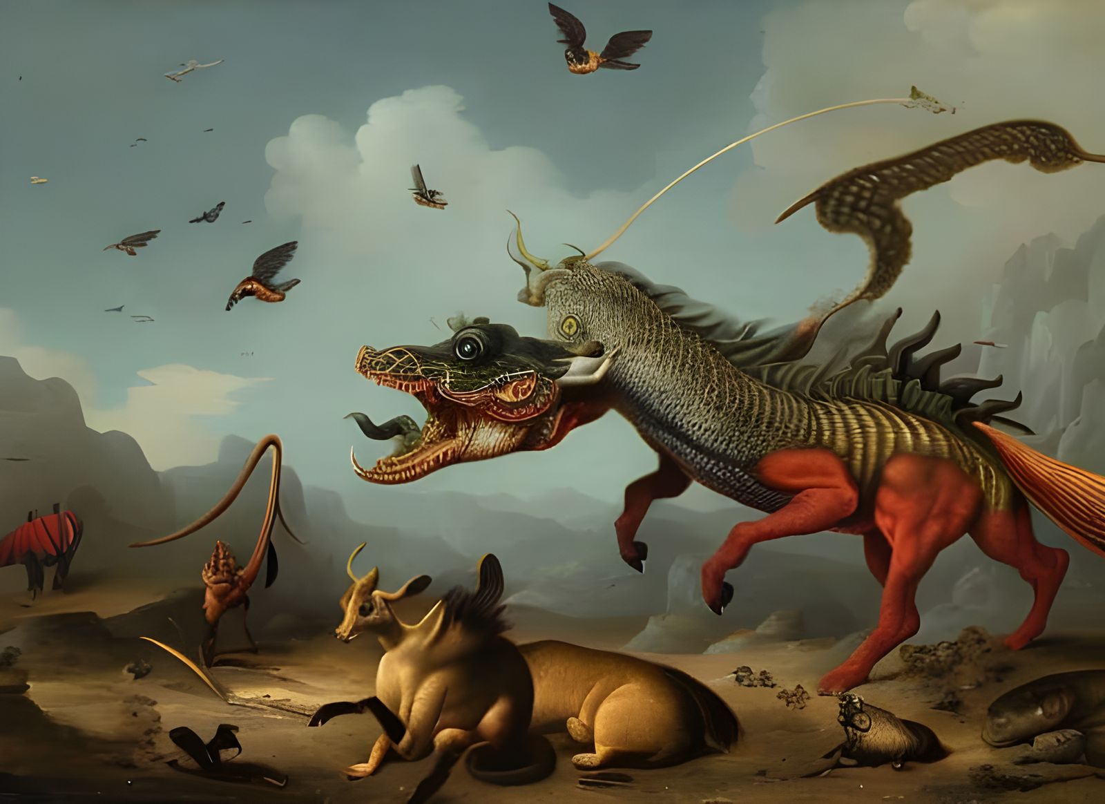 Surreal Restaurant Scene with Bizarre Creatures