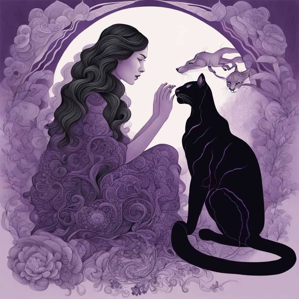 Woman and Black Puma in Mystical Ink Drawing