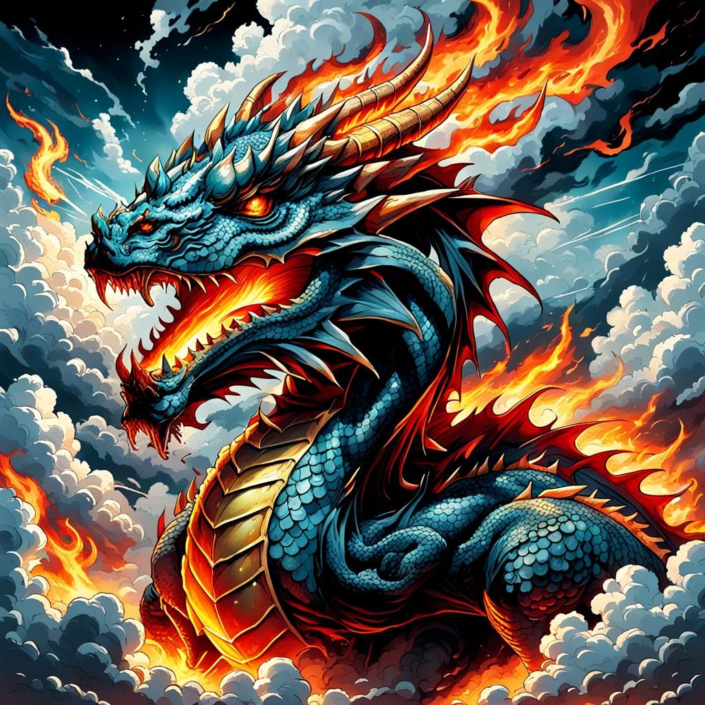 Cloud Dragon Unleashes Fiery Fury from Mid-Skies