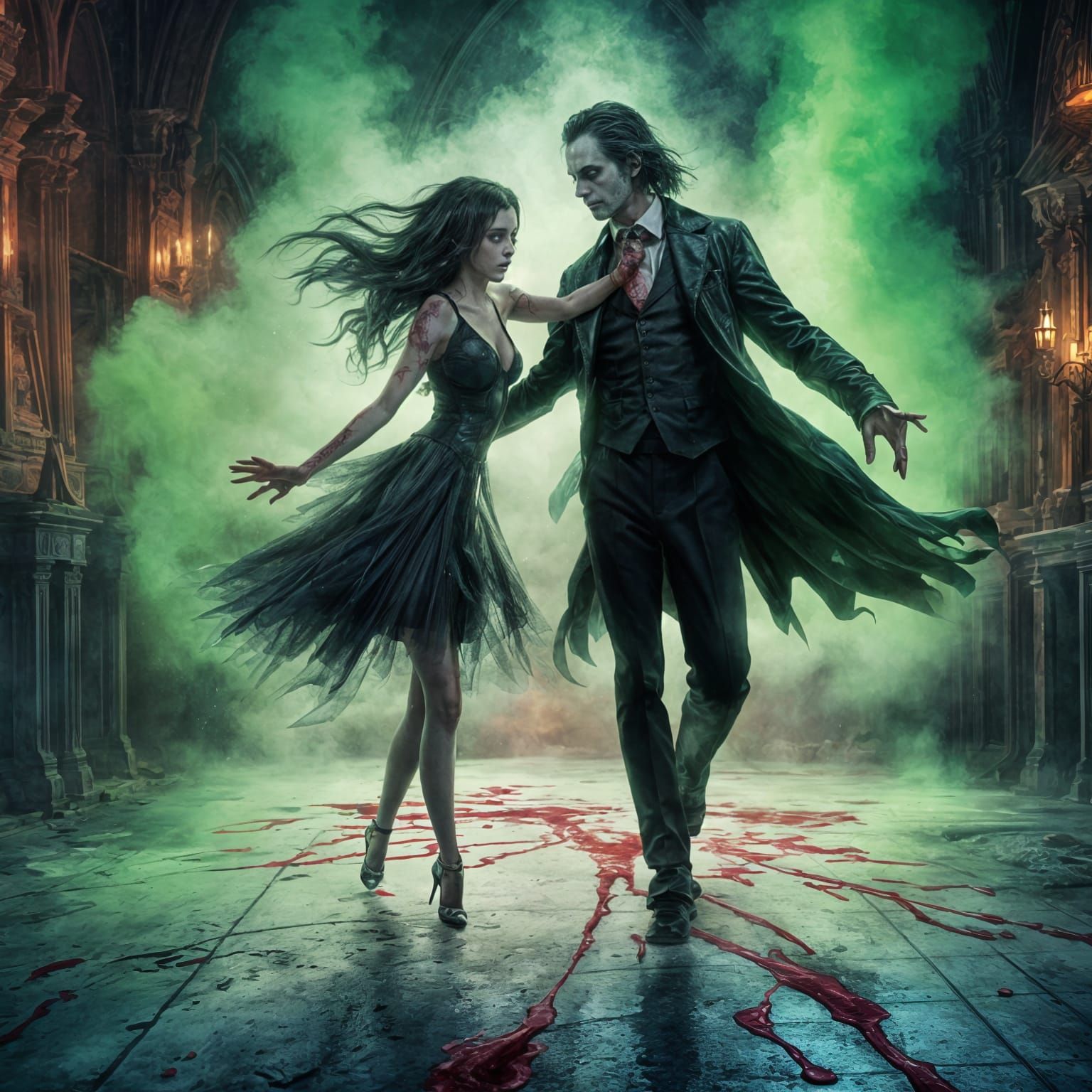 Gothic Beauty Shines with Dark Vampire in Cosmic Dance Scene
