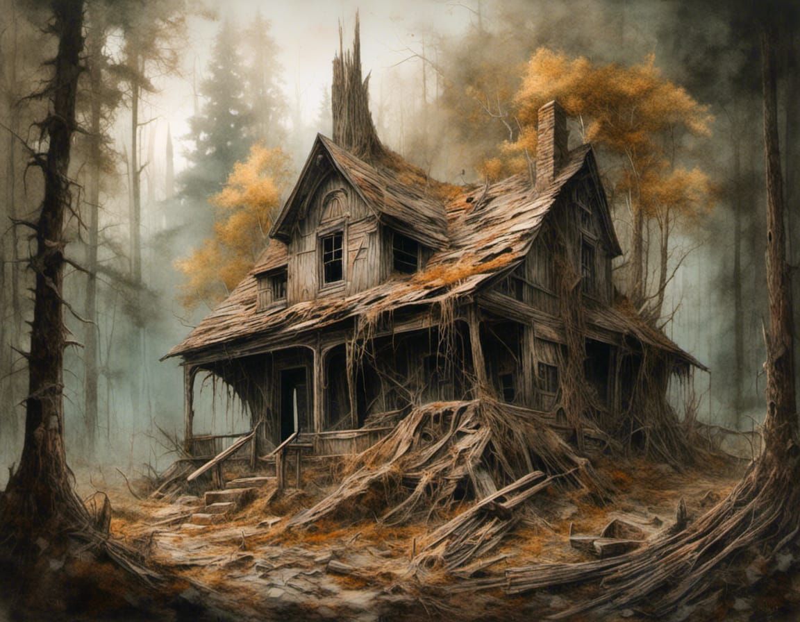 Epic Watercolor Masterpiece of Collapsing Cottage in the For...
