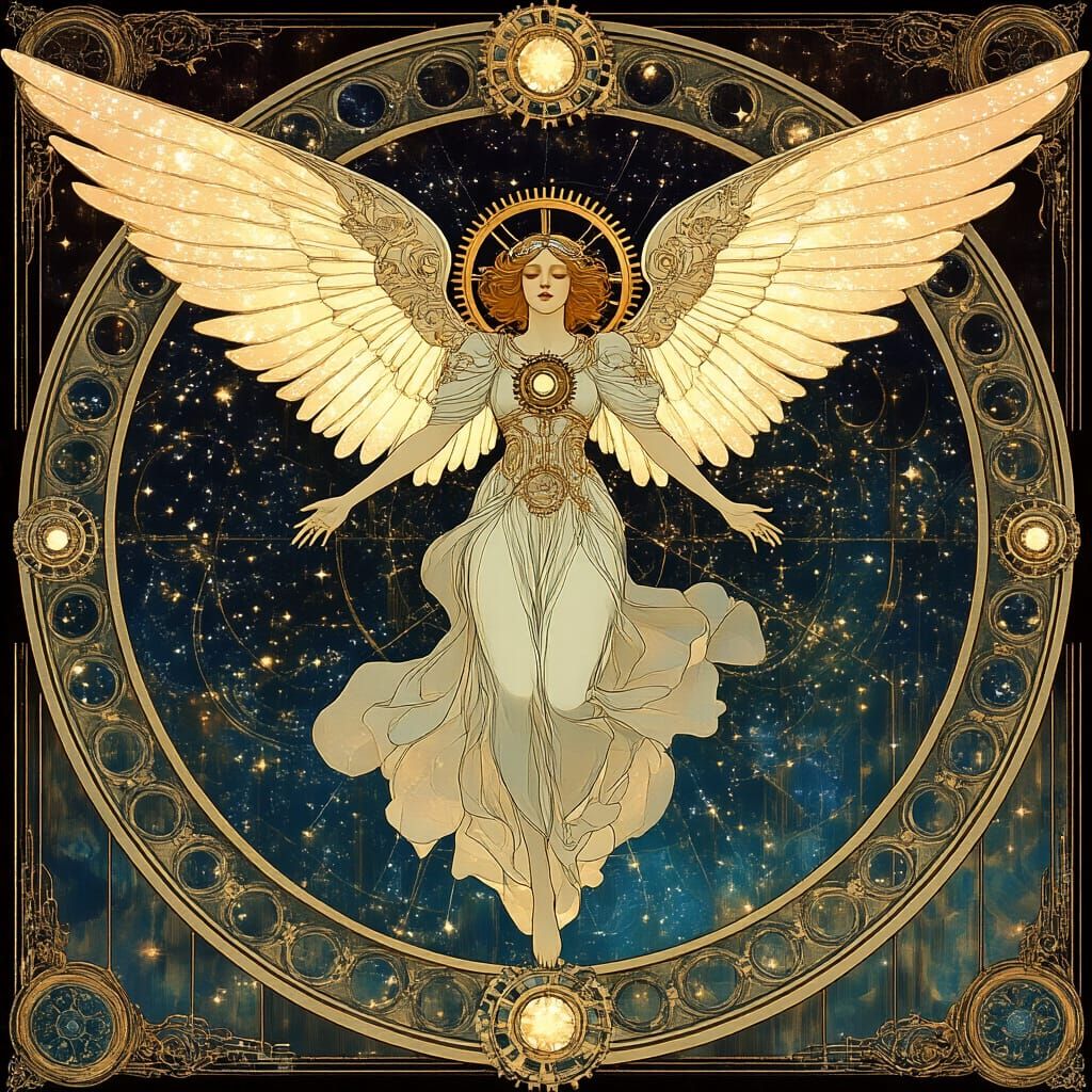 Celestial Clockwork Angel in Folk Art Nouveau Style