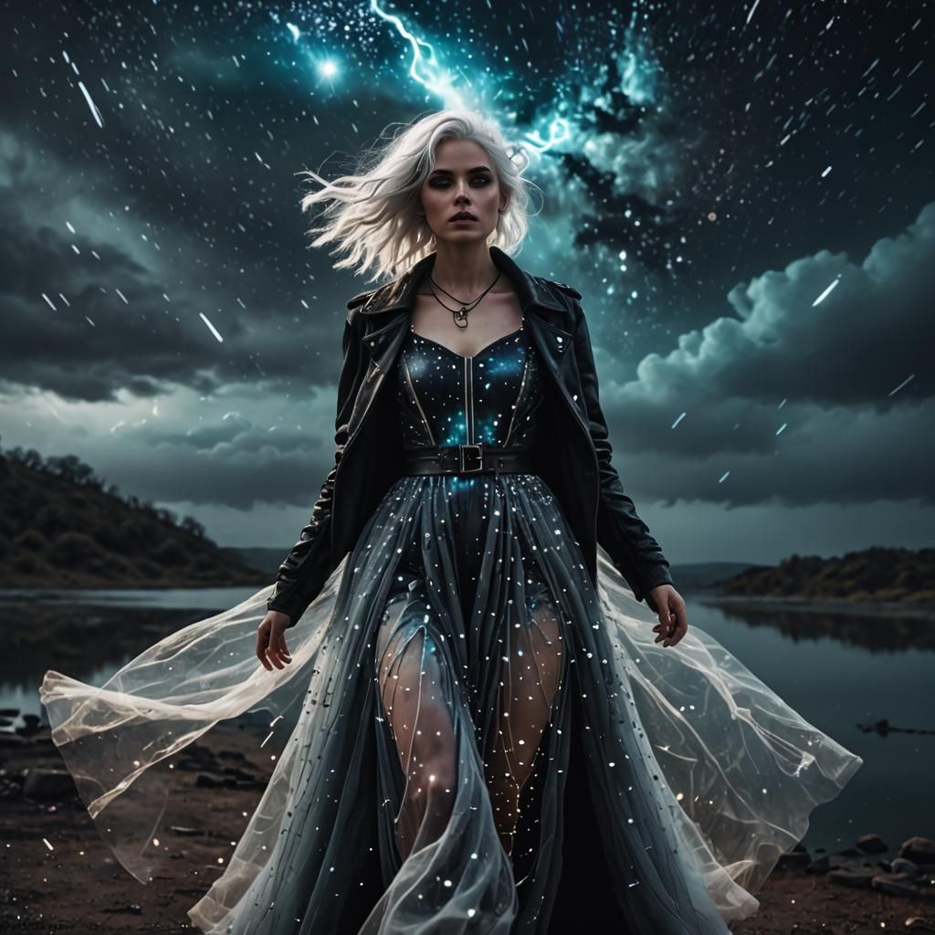 Time Traveler in Galaxy Dress by Foggy Lake
