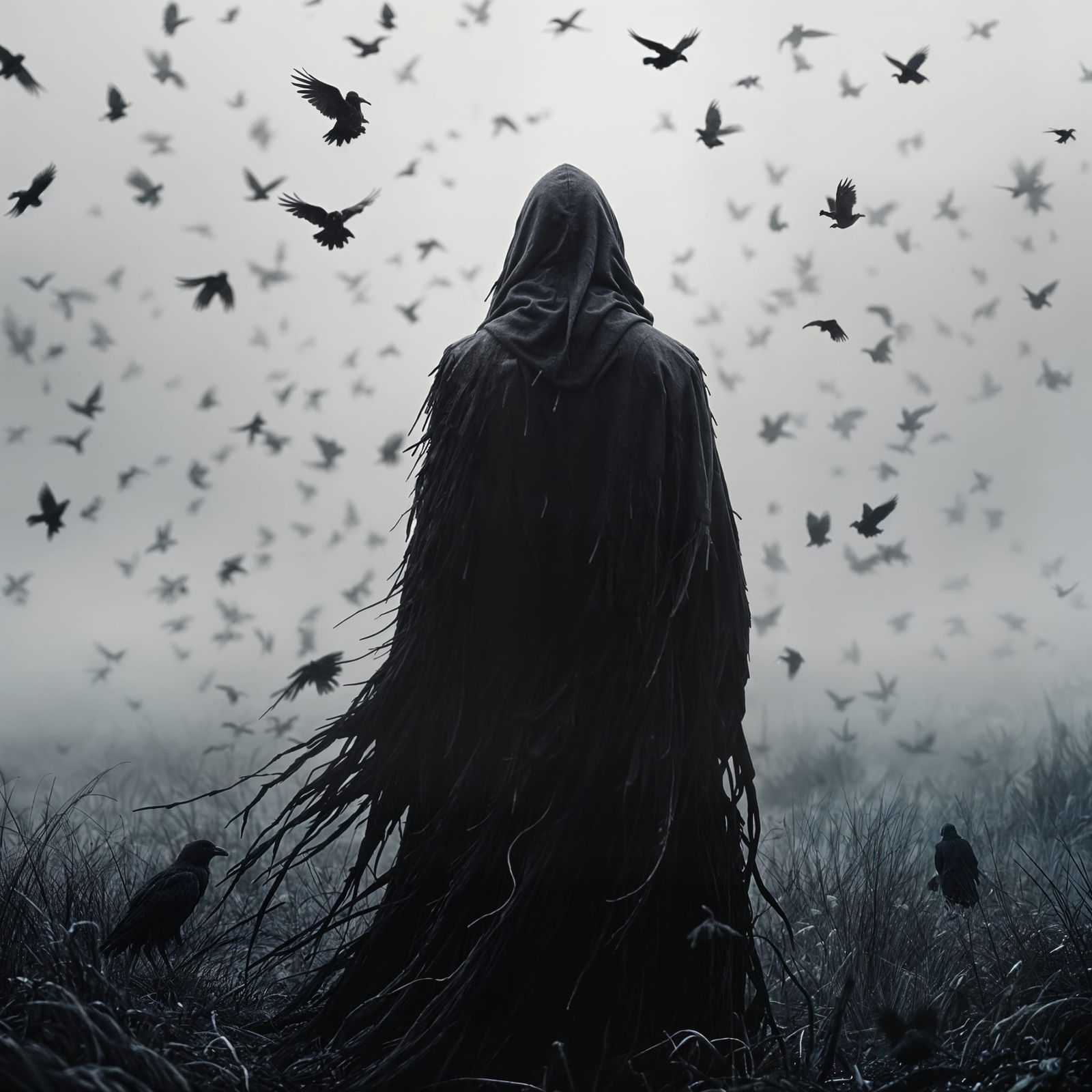 Ominous Wraith on Windswept Moor with Exploding Ravens