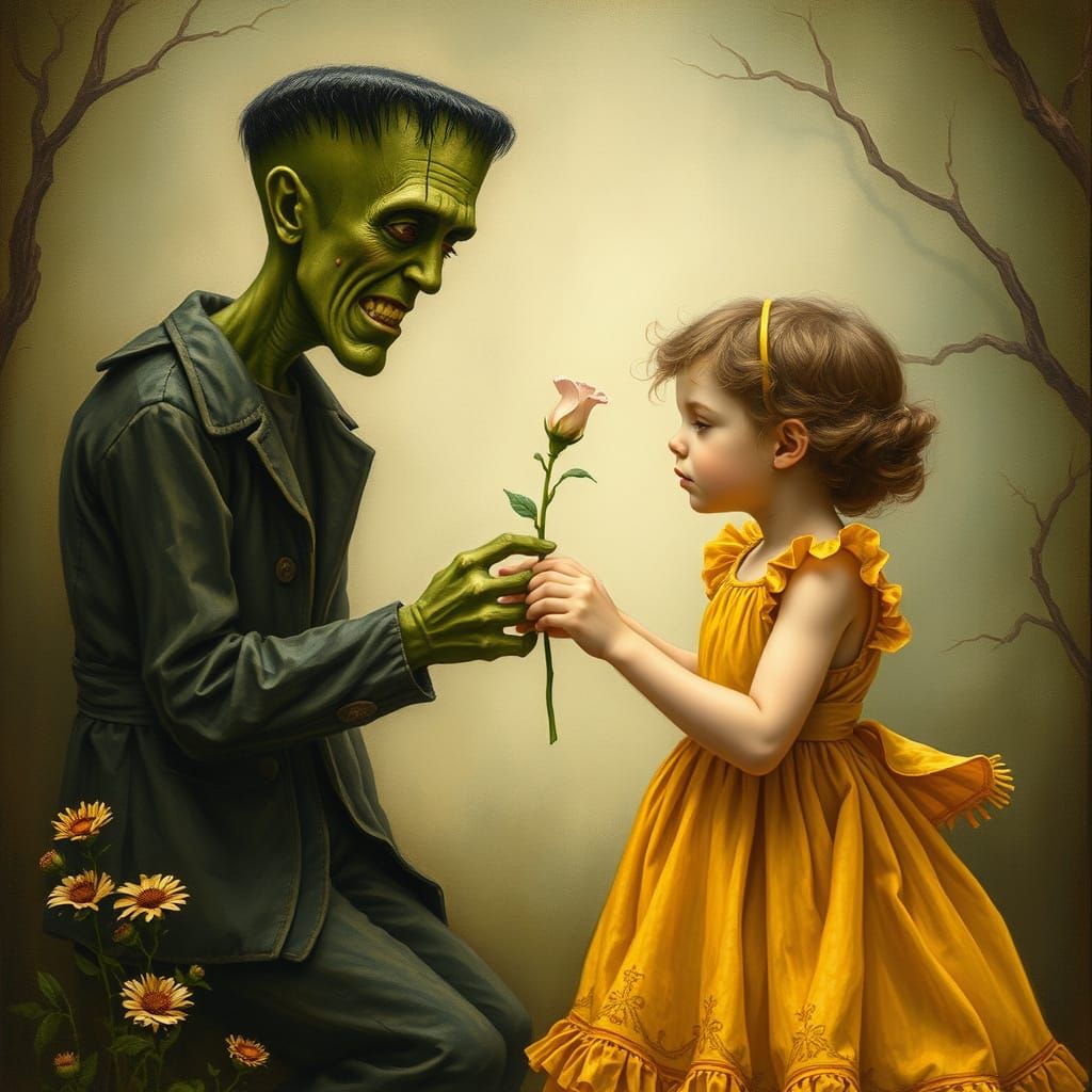 Girl Offers Flower to Frankenstein in Whimsical Art
