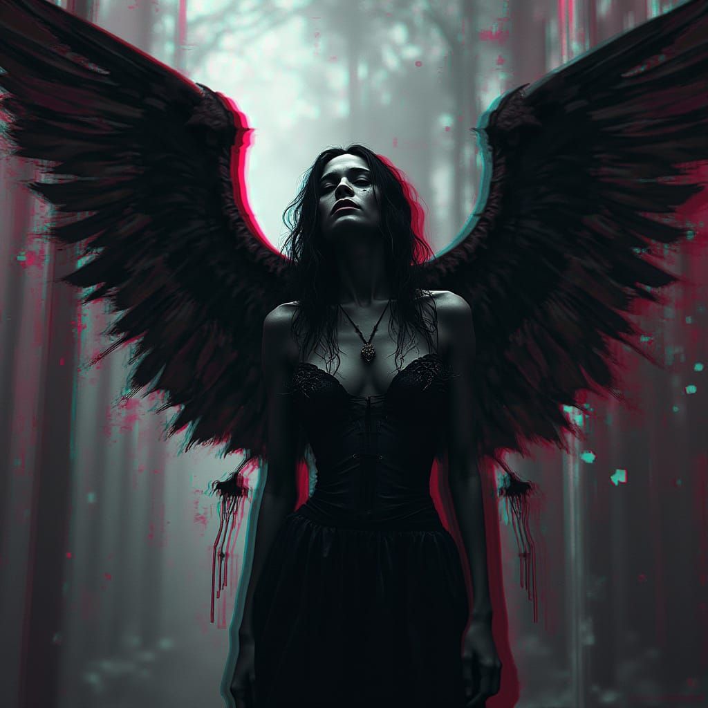 Dark Angel with Glitched Wings in Glitch Art Style